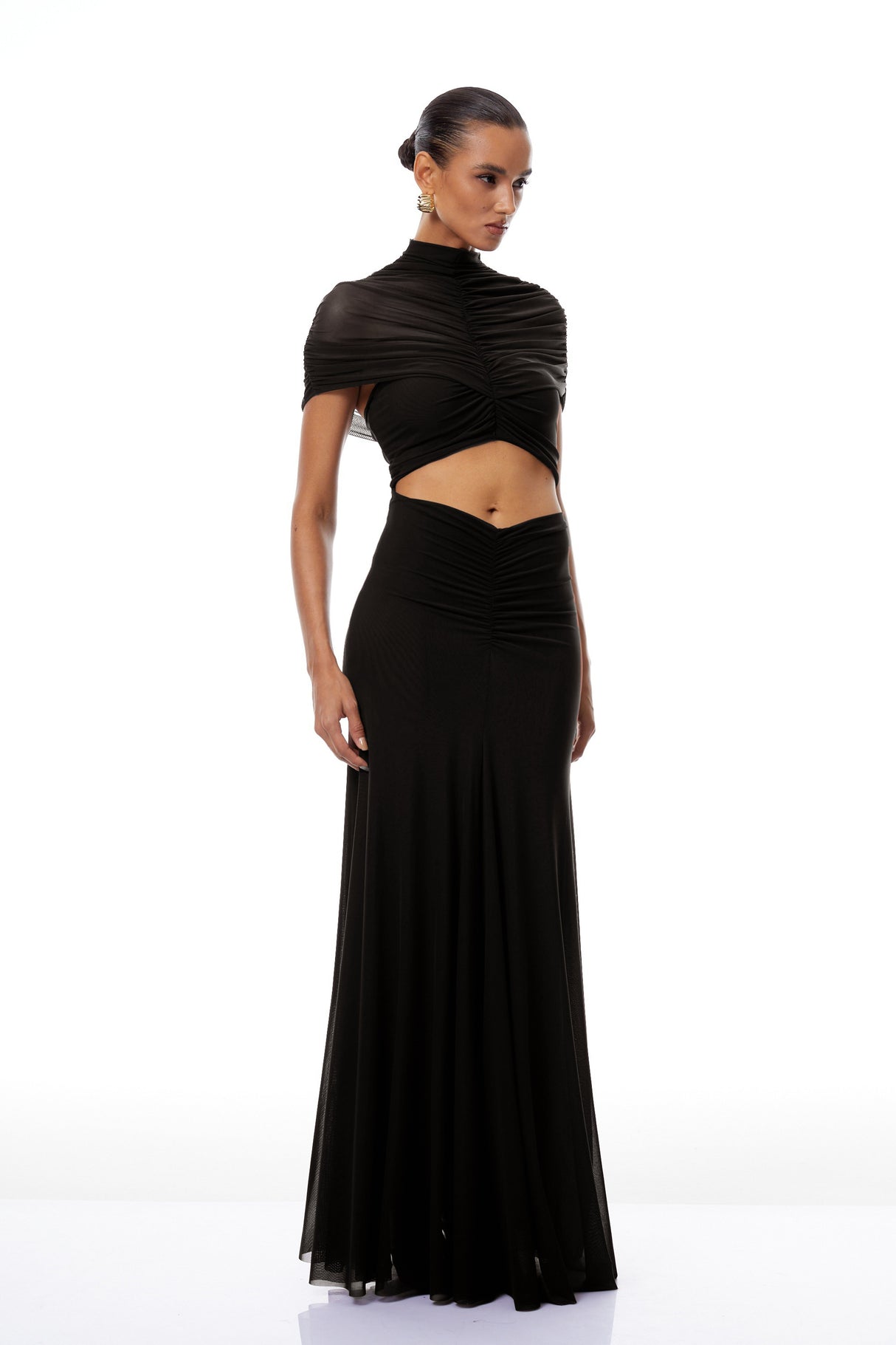 Aurohaya Bruna Cut-Out Ruched Mesh Maxi Dress
