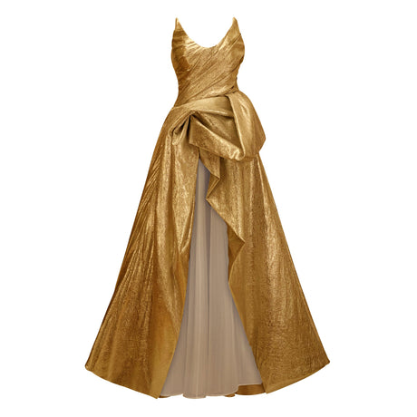 Aurohaya Adina Gold Glossy Asymmetrical Ruched Gown
