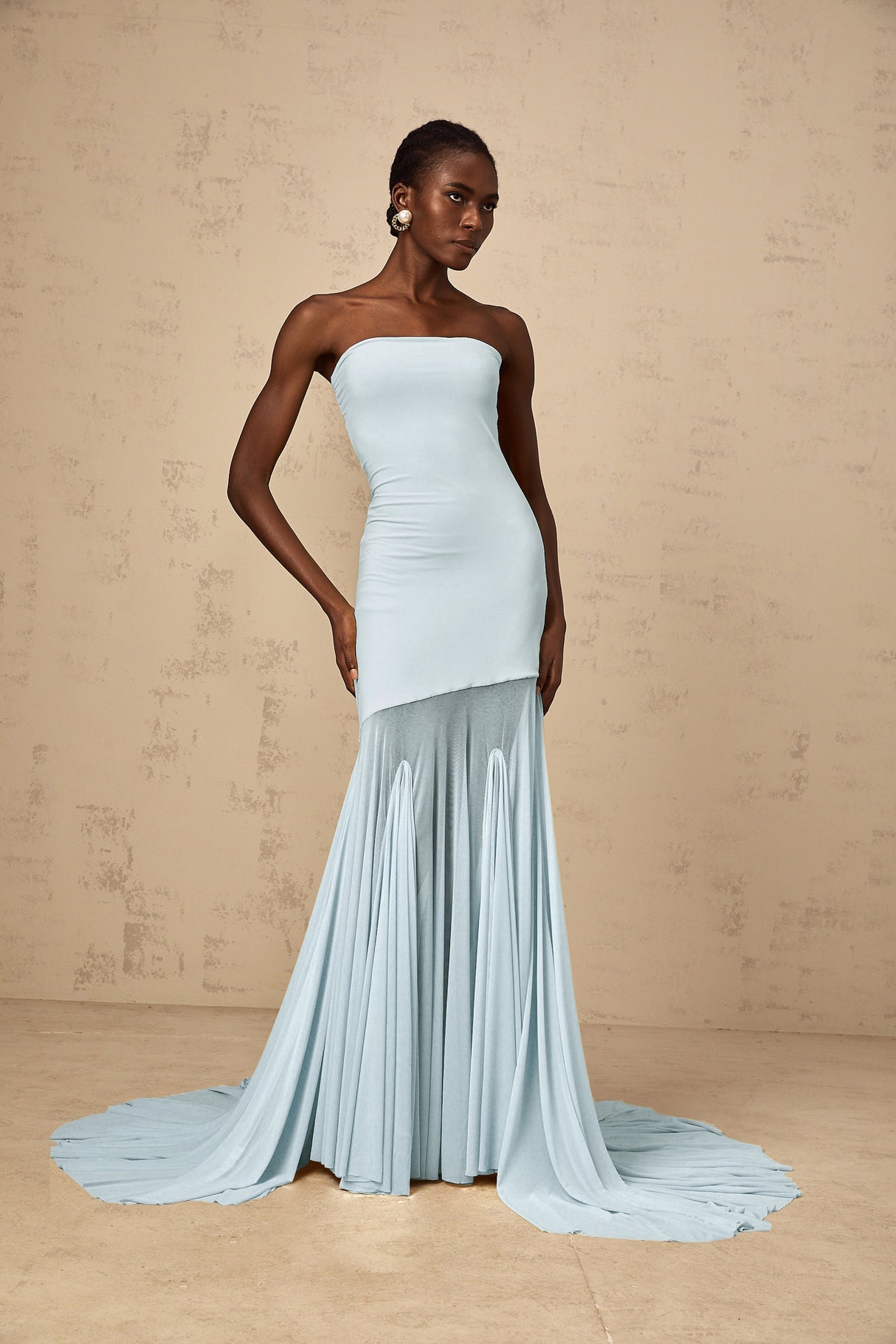Aurohaya Josiane Blue Off-shoulder Sheer Tulle Maxi Dress