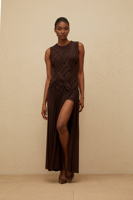 Aurohaya Daphné Brown Asymmetrical Braided Tulle Midi Dress