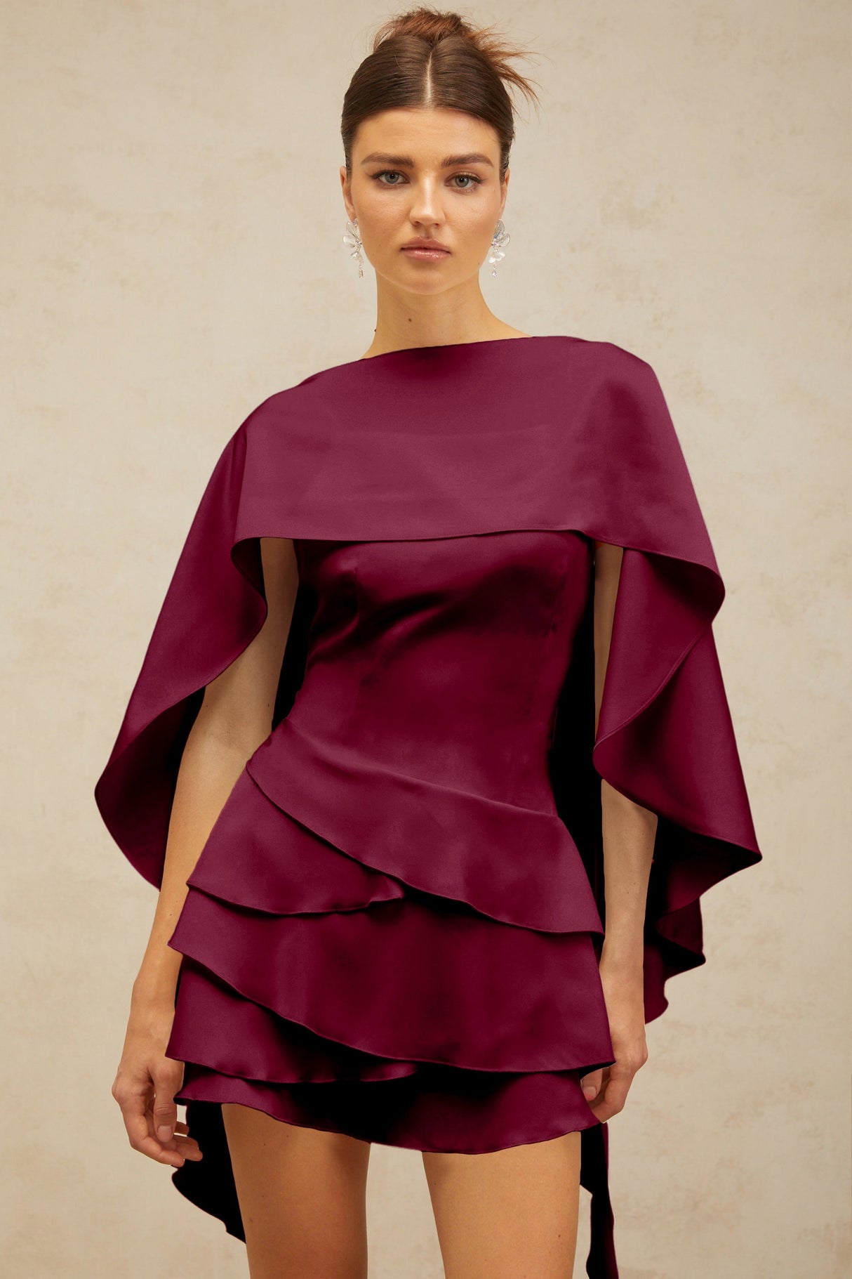 Aurohaya Lyna shawl-panel ruffled satin mini dress in Red