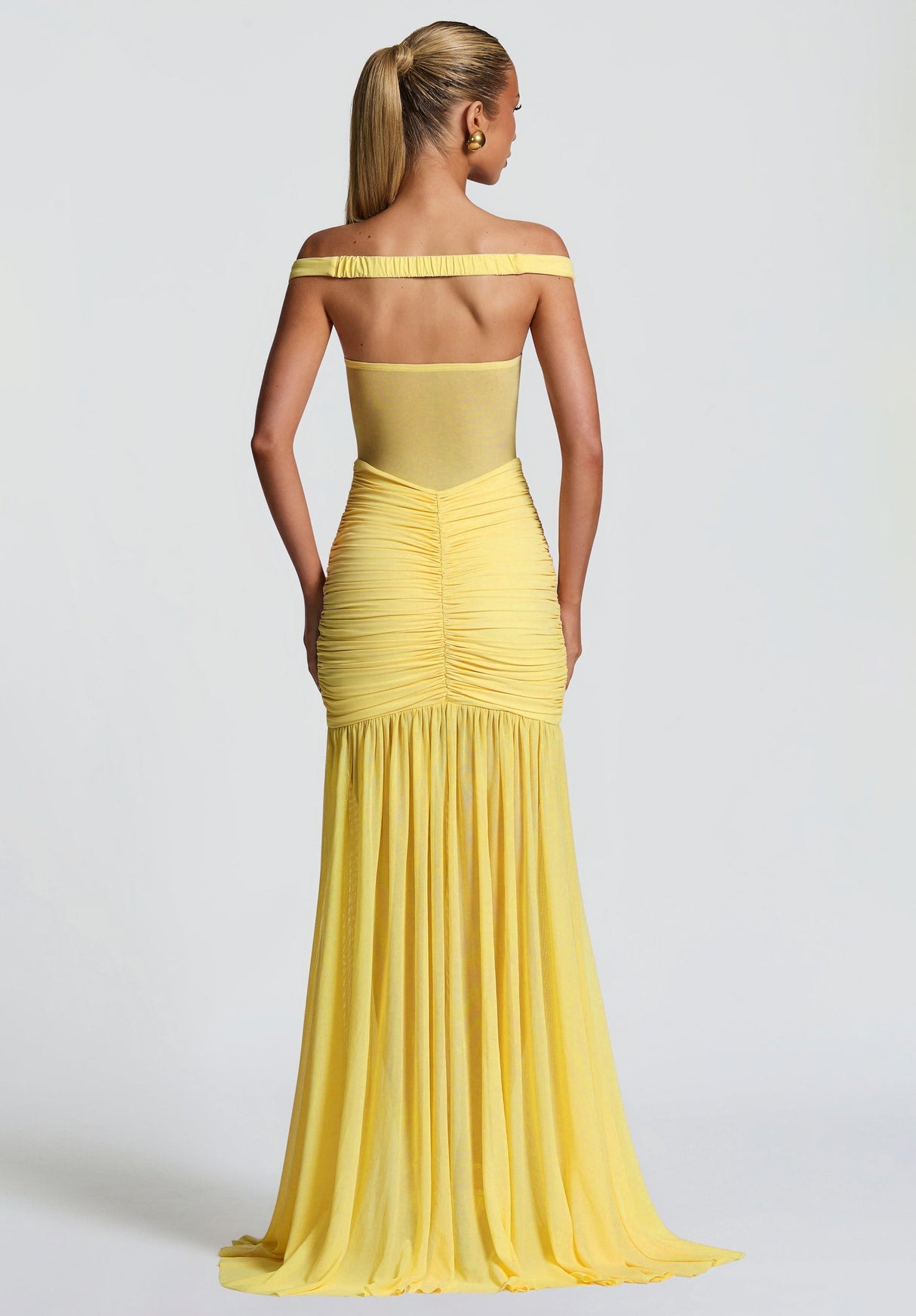 Aurohaya Geneviève Yellow Off Shoulder Ruched Maxi Dress