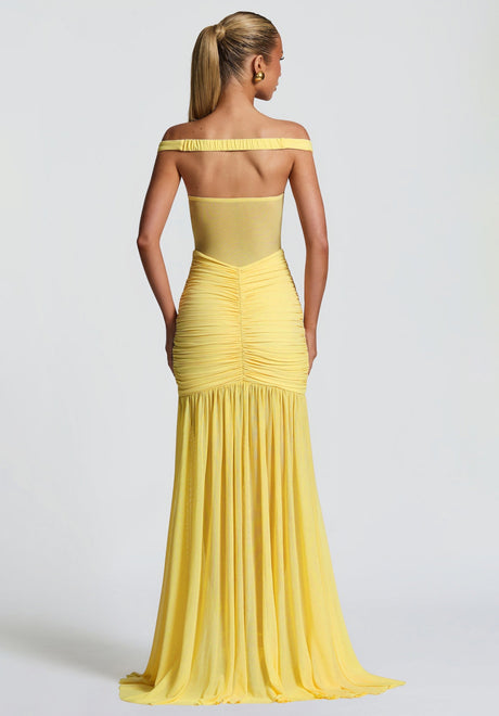 Aurohaya Geneviève Yellow Off Shoulder Ruched Maxi Dress