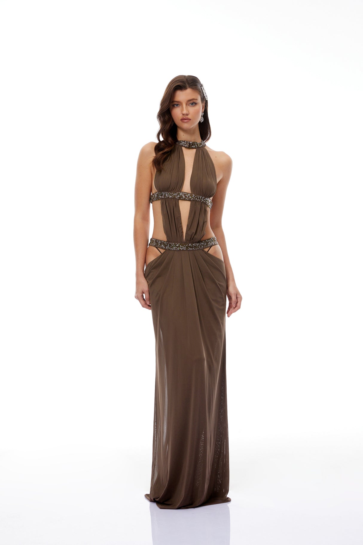 Aurohaya Maëlle Brown Cut-out Ruched Maxi Dress