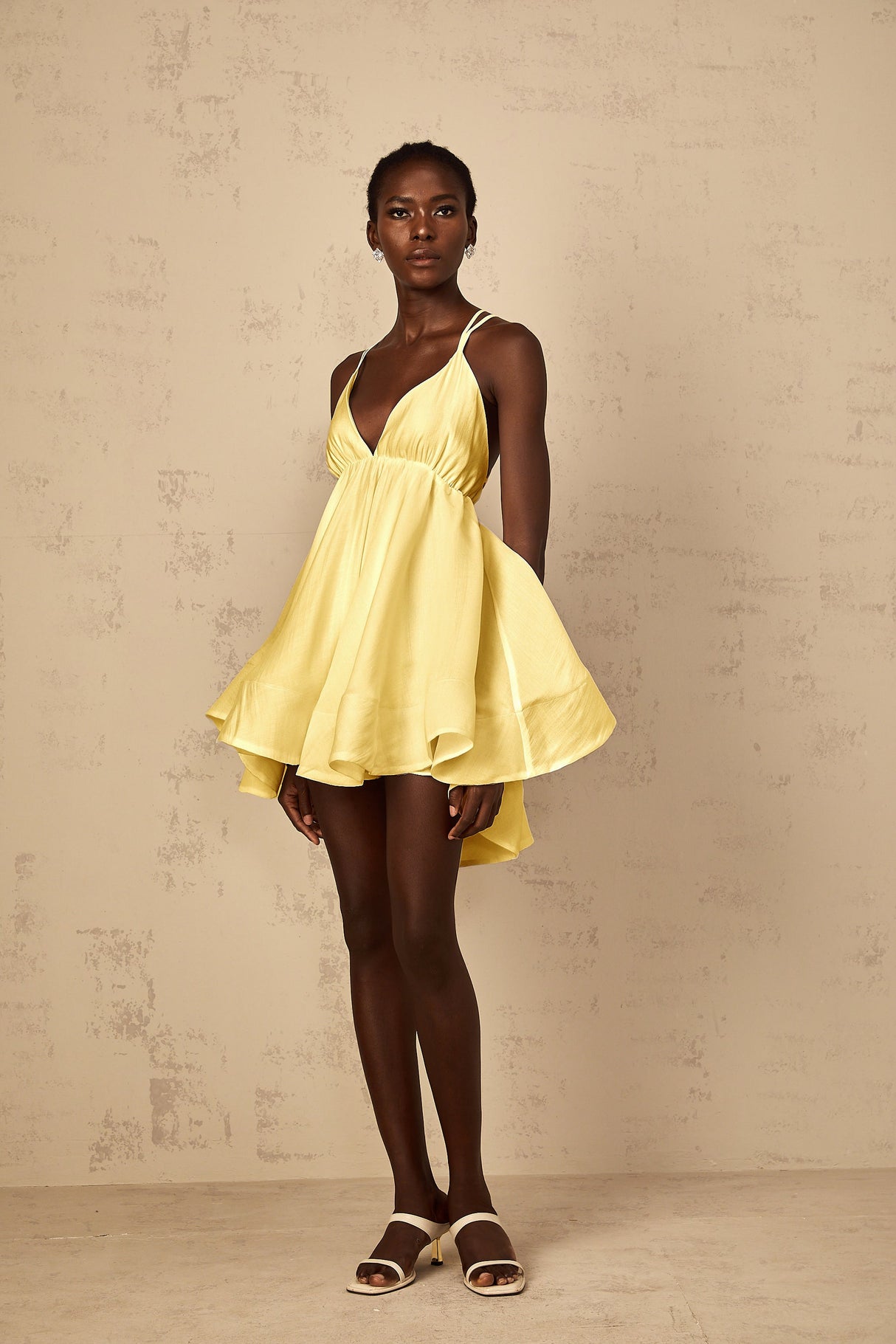 Aurohaya Quincie Yellow Shirred Flounced Mini Dress