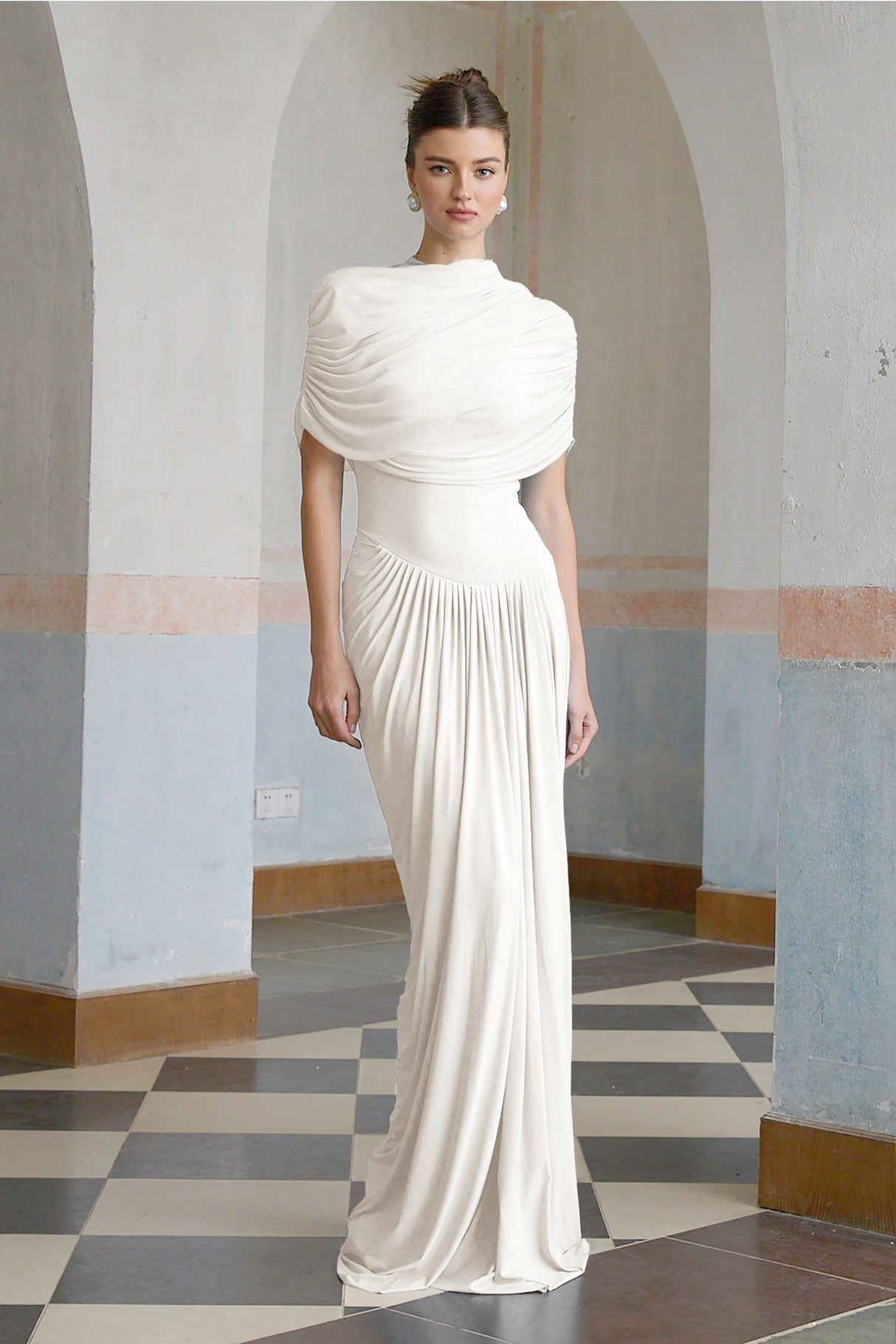 Aurohaya Catherine White Asymmetrical Pleated Maxi Dress