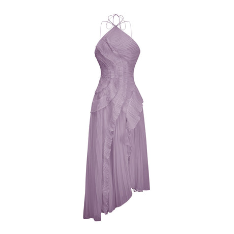 Aurohaya Doux Purple Ruffled Trim Pleated Midi Dress