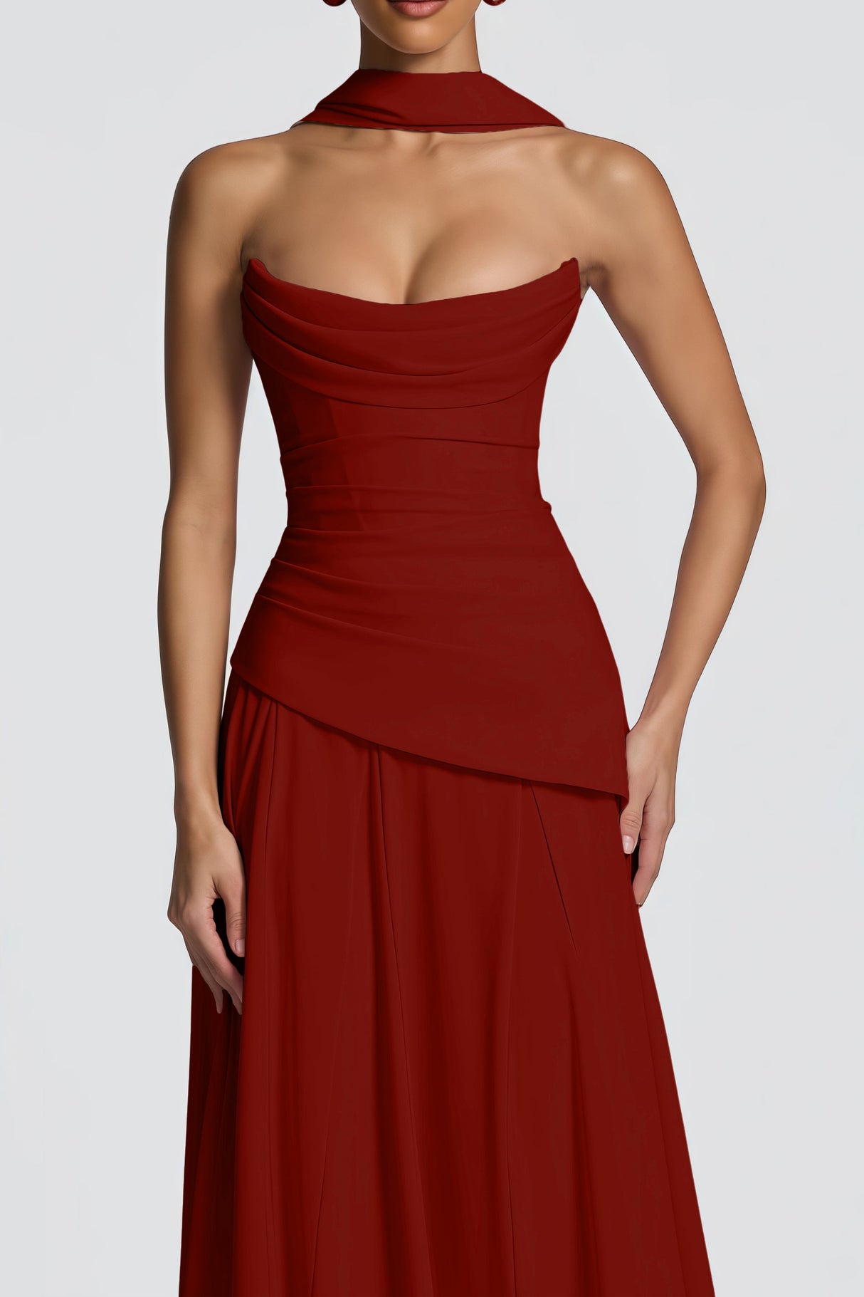 Aurohaya Romane Burgundy Strapless Corset Chiffon Maxi Dress
