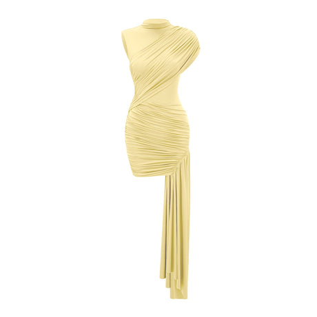 Aurohaya Fée Yellow Asymmetrical Ruched Mini Dress