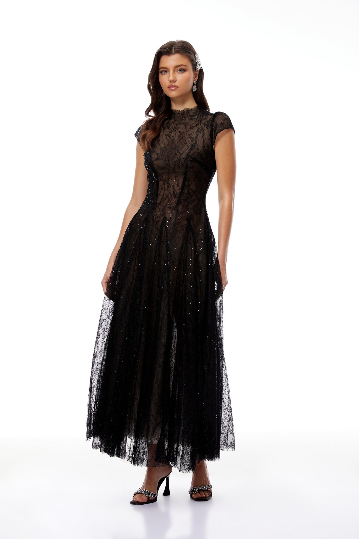 Aurohaya Velia Black Lace Glitter Tulle Maxi Gown
