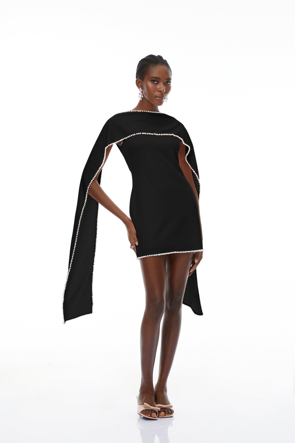 Aurohaya Piroska Black Sleeveless Pearl Trim Mini Dress