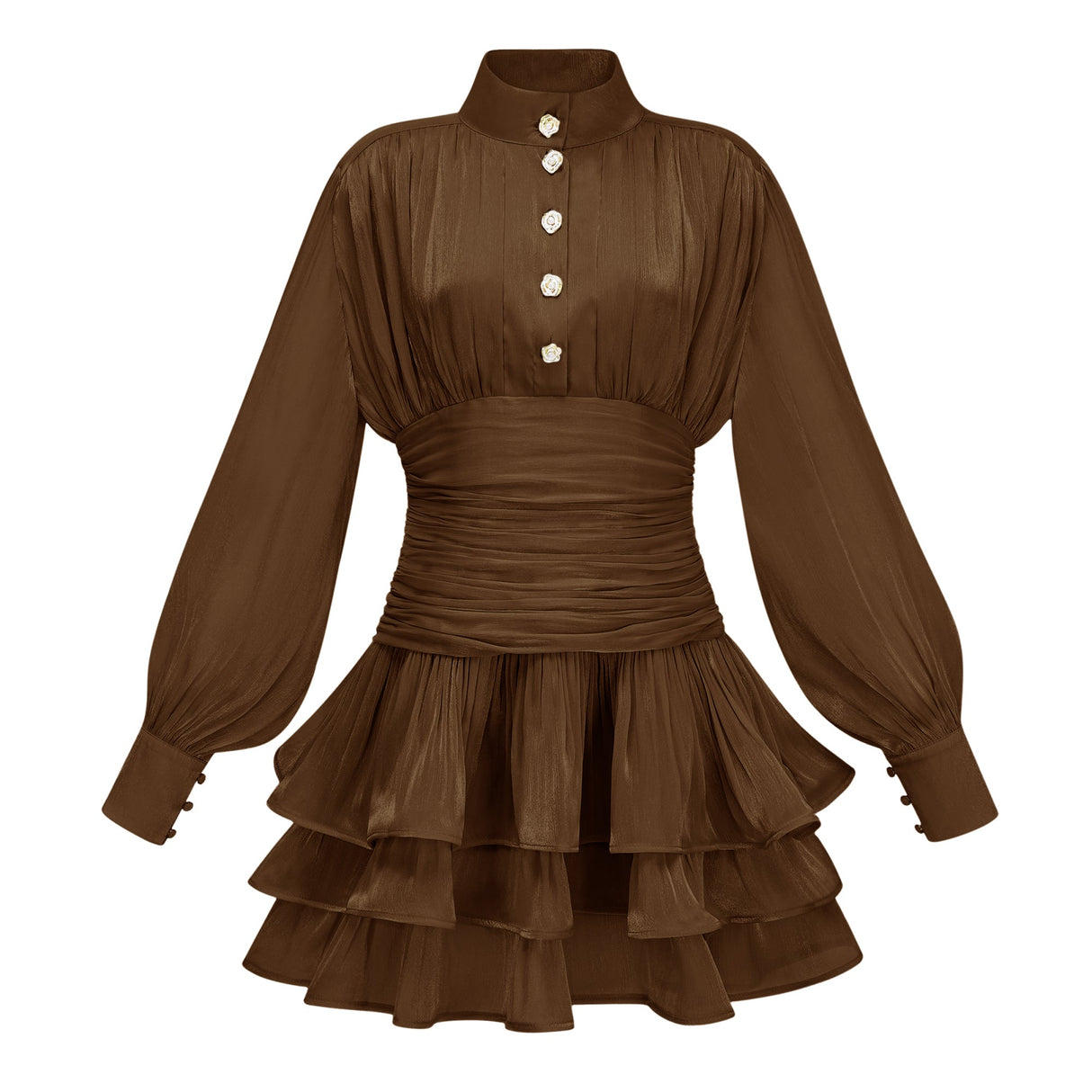 Aurohaya Emersyn Brown High-Neck Ruffled Detail Mini Dress