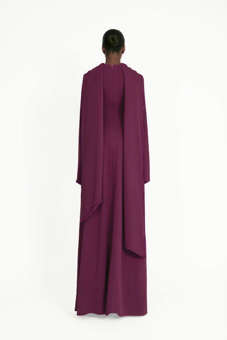 Aurohaya Piroska Purple Pearl Trim Shawl Detail Maxi Dress
