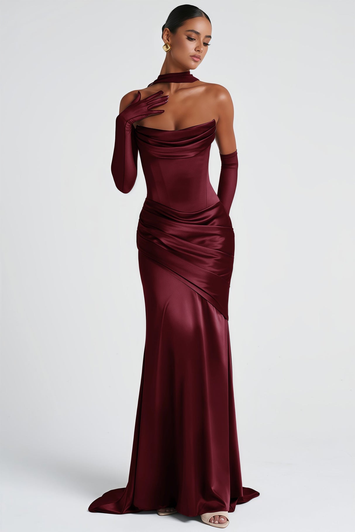 Aurohaya Marilou Burgundy Ruched Satin Maxi Dress