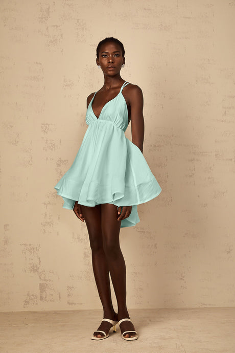 Aurohaya Quincie Green Shirred Flounced Mini Dress