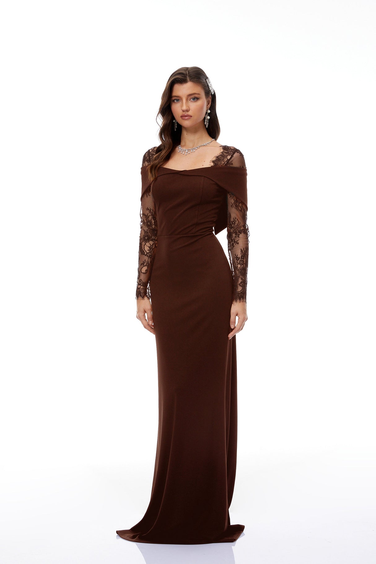 Aurohaya Georgiana Brown Lace Panel Flared Maxi Gown