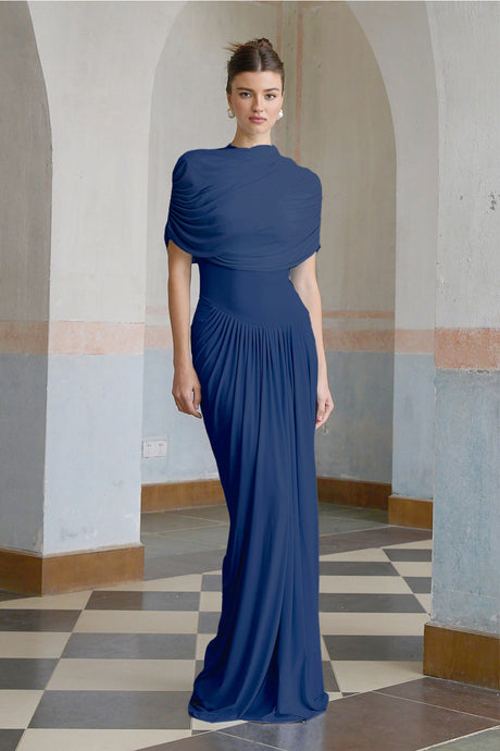 Aurohaya Catherine asymmetrical pleated maxi dress in Navy-blue