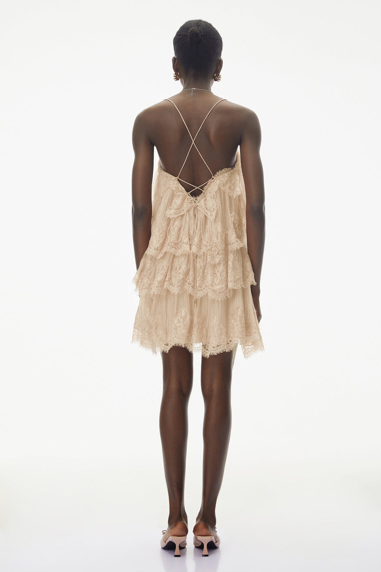 Aurohaya Rachel Beige Tiered Mini Dress with Lace Trim