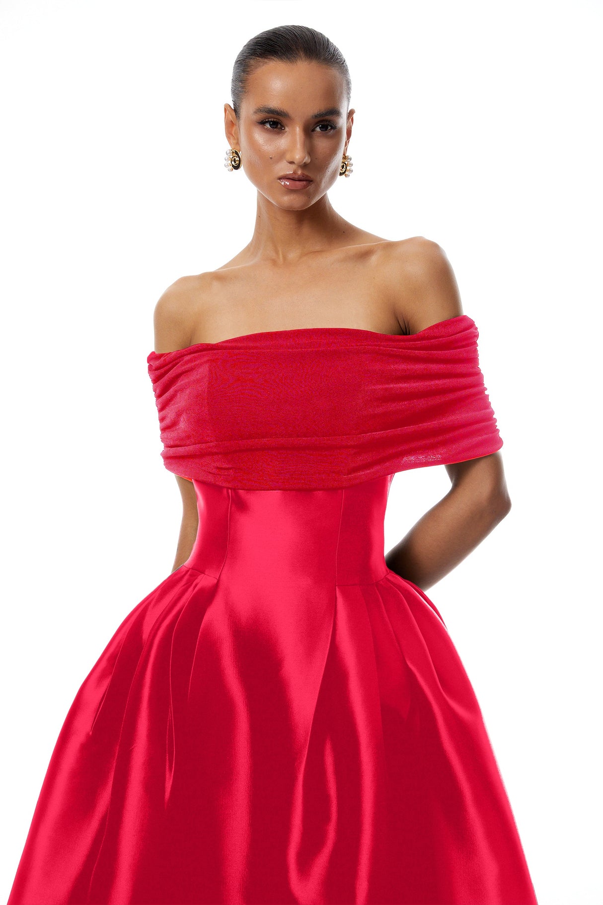 Aurohaya Ainara Red Off Shoulder Polished Midi Dress