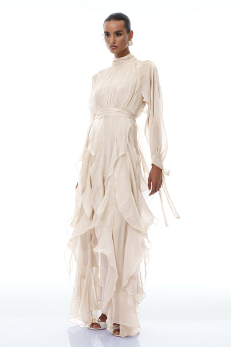 Aurohaya Zélie Neutral Glossy Pleated Ruffled Maxi dress