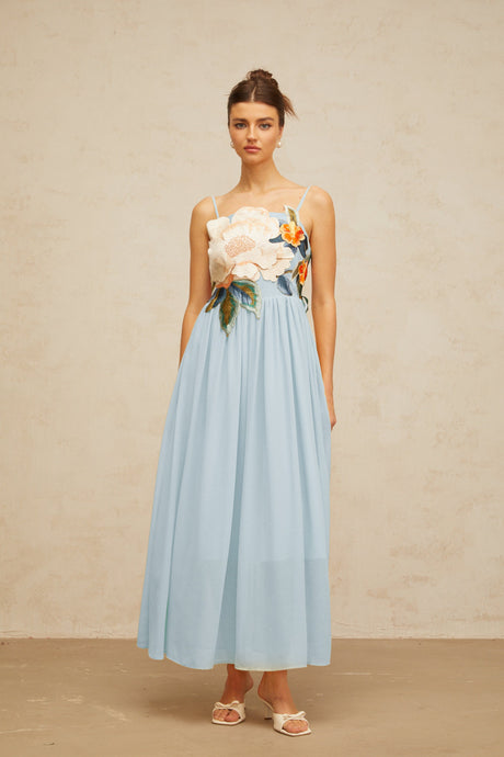 Aurohaya Josette floral-embroidered shirred maxi dress in Blue