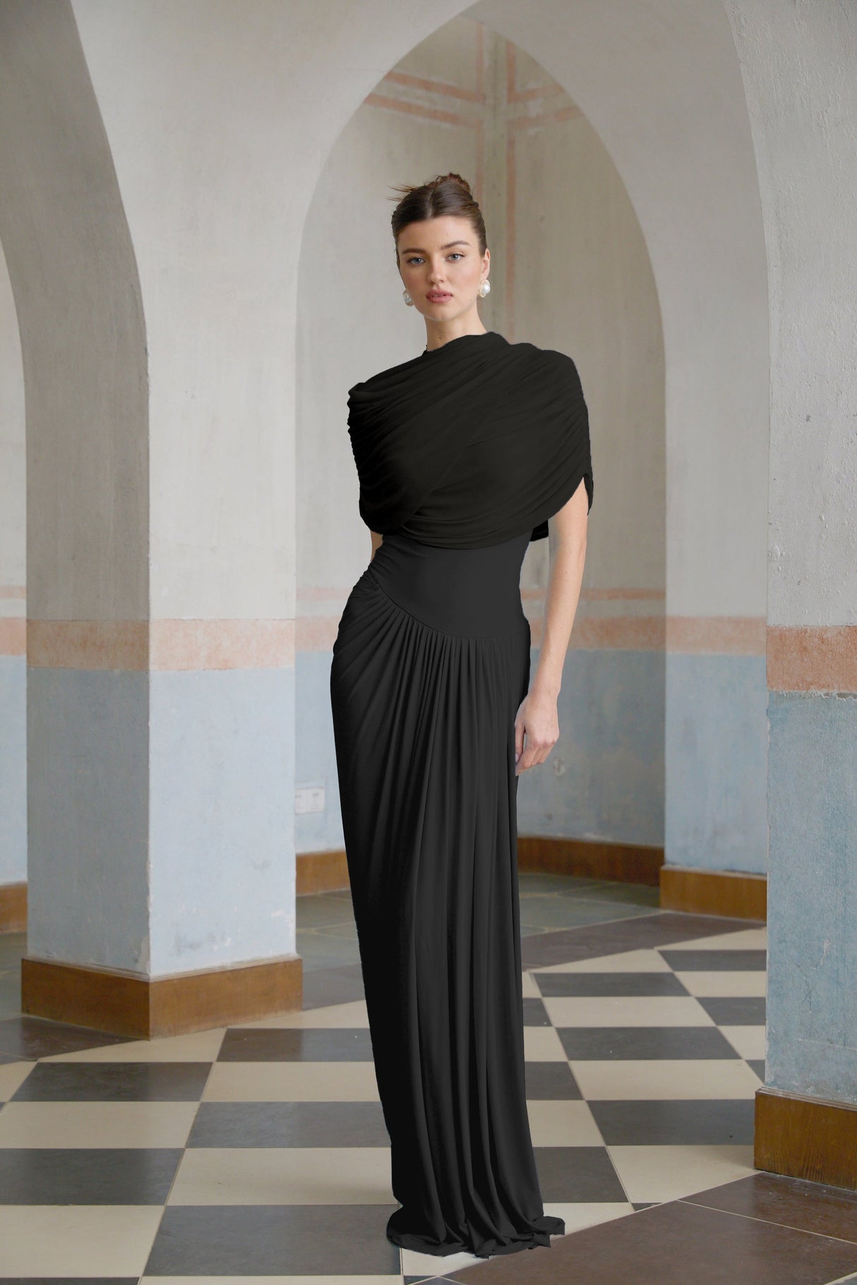 Aurohaya Catherine Black Asymmetrical Pleated Maxi Dress