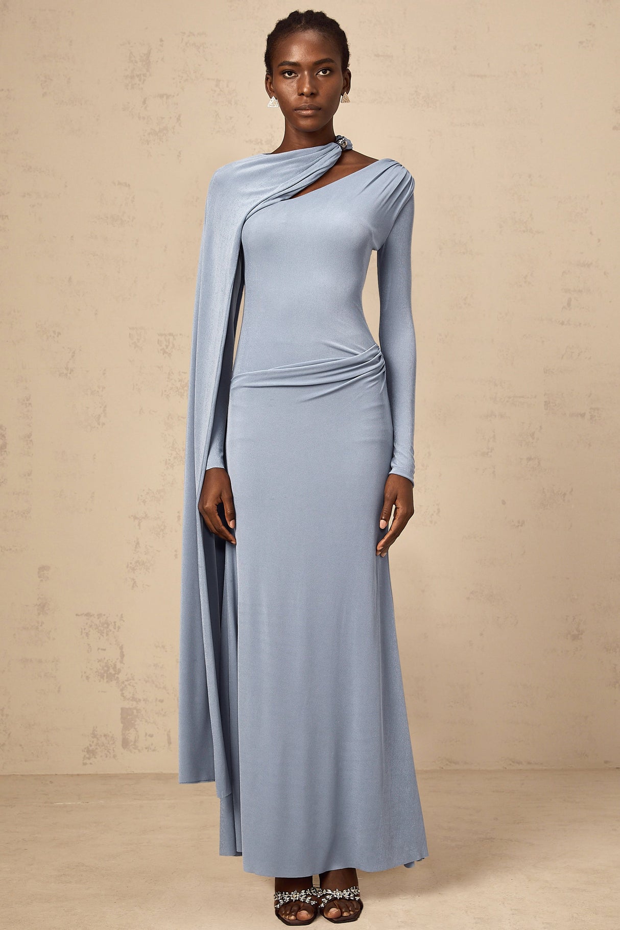 Aurohaya Josette Blue Diagonal Shawl Fitted Maxi Dress