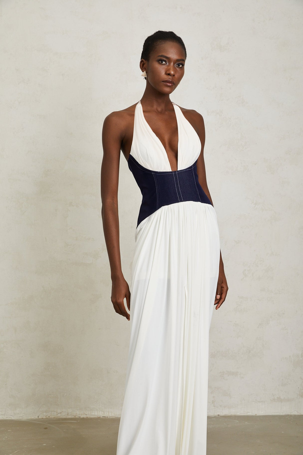 Aurohaya Airi White Halterneck Denim Panel Maxi Dress
