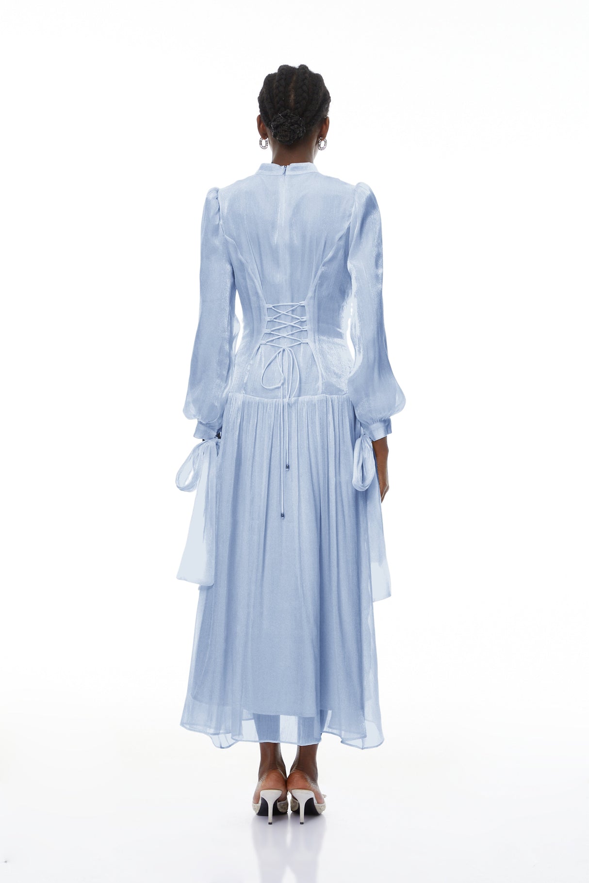 Aurohaya Katrín Blue Glossy Gathered Maxi Dress