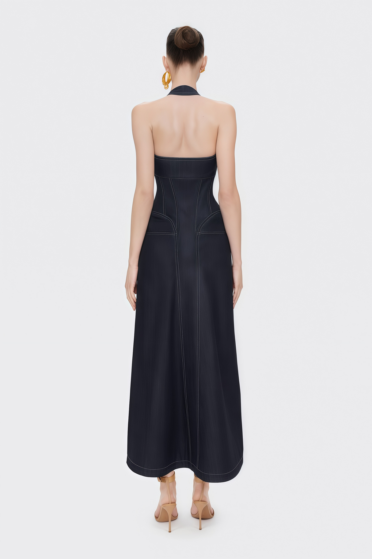 Aurohaya Adrienne black denim front-slit contrast-stitching maxi dress