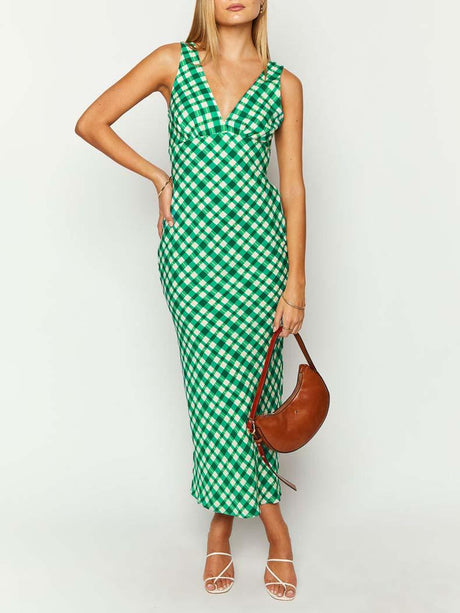 Aurohaya Vintage Green Plaid V-Neck Maxi Dress