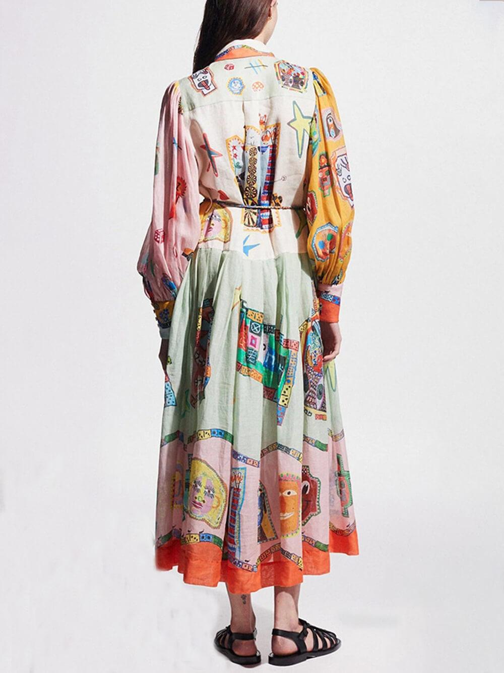 Aurohaya Unique Print Colorblock Balloon Sleeve Belt Shirt Midi Dress