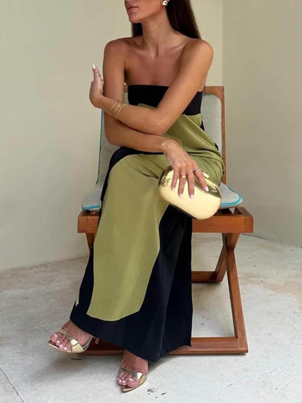 Aurohaya Fashion Contrast Sleeveless Off Shoulder Printed Maxi Dress