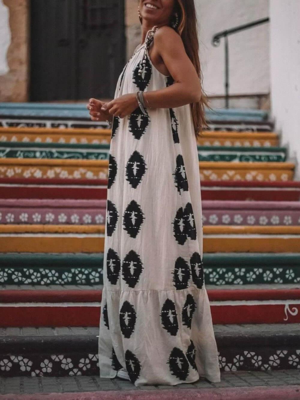 Aurohaya Sunshine Ethnic Print One Shoulder Loose Maxi Dress