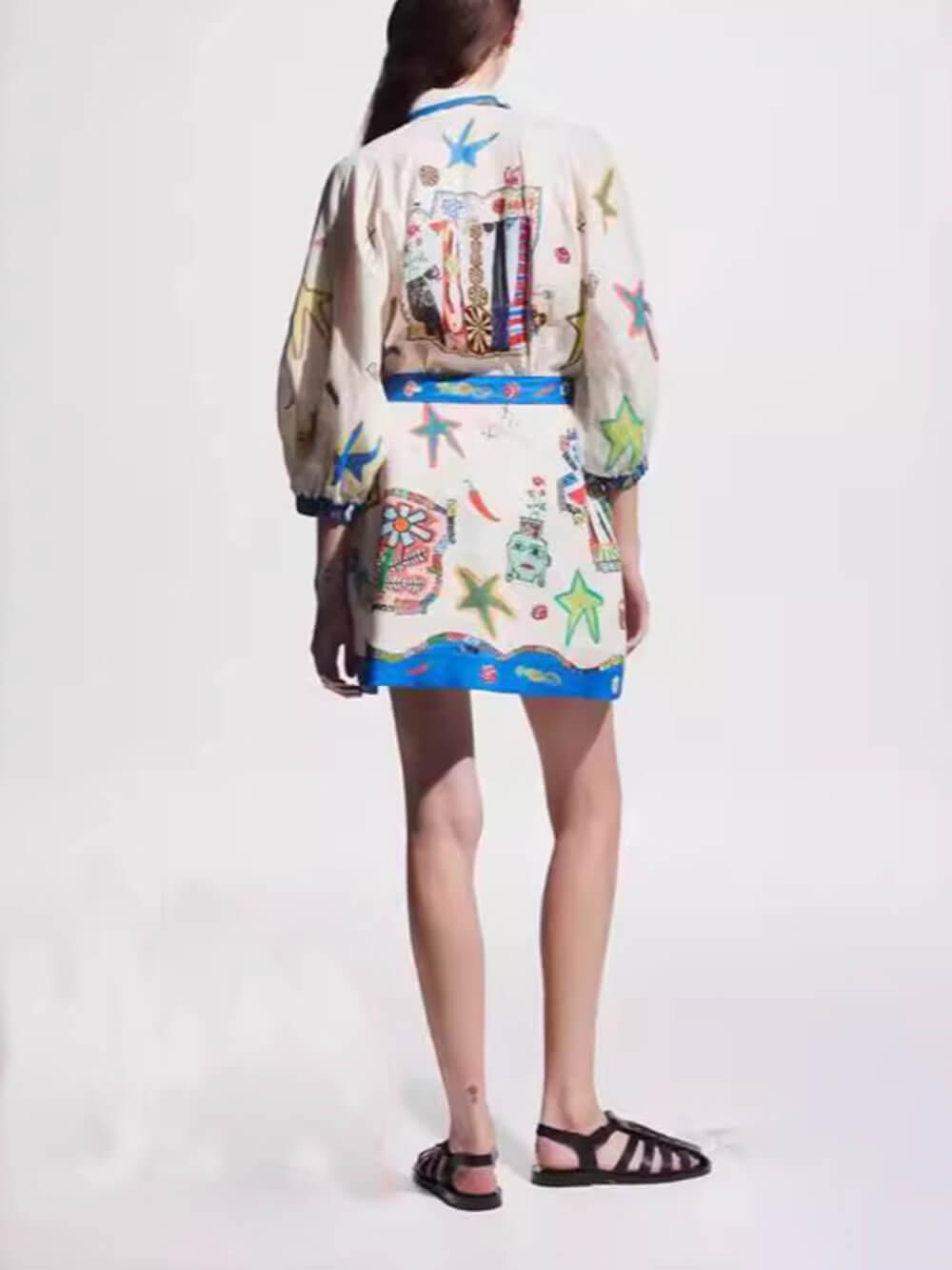 Aurohaya Temperament Peplum Printed Cardigan Dress