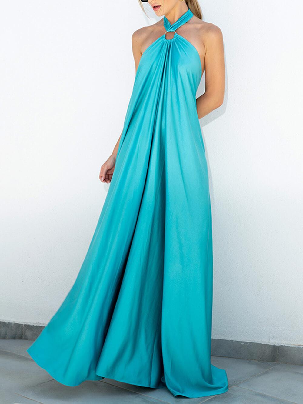 Aurohaya Summer Temperament Satin Halter Swing Gown Dresses