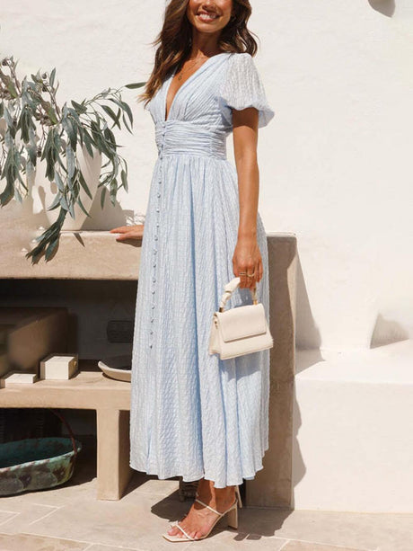 Aurohaya Puff Sleeve V-Neck Long Oversized Hem Dress