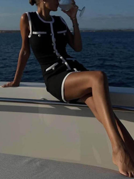 Aurohaya Exquisite Splicing Button Sleeveless Mini Dress