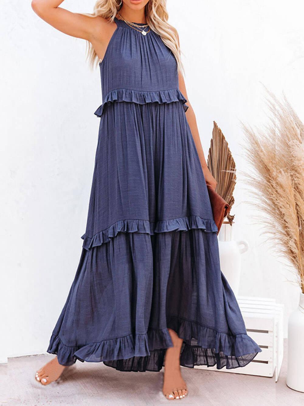 Aurohaya Irregular Cake Sleeveless Maxi Dress Blue