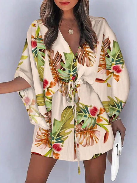 Aurohaya V-Neck Tie Printed Batwing Sleeve Dress Khaki