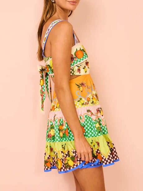 Aurohaya Summer MulticolorLemon Preated Hem Mini Dress