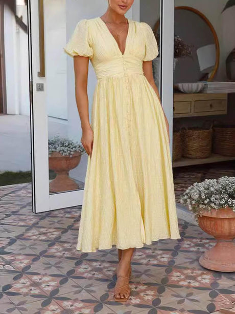 Aurohaya Puff Sleeve V-Neck Long Oversized Hem Dress Yellow