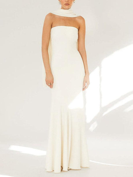 Aurohaya Fashion Strapless One Shoulder Fishtail Maxi Dress White