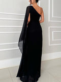 Aurohaya Elegant Flowing Pleated Off-the-Shoulder Maxi Dress