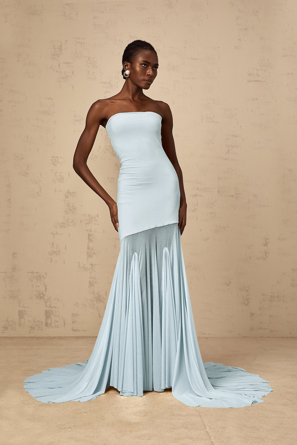 Aurohaya Josiane Blue Off-shoulder Sheer Tulle Maxi Dress