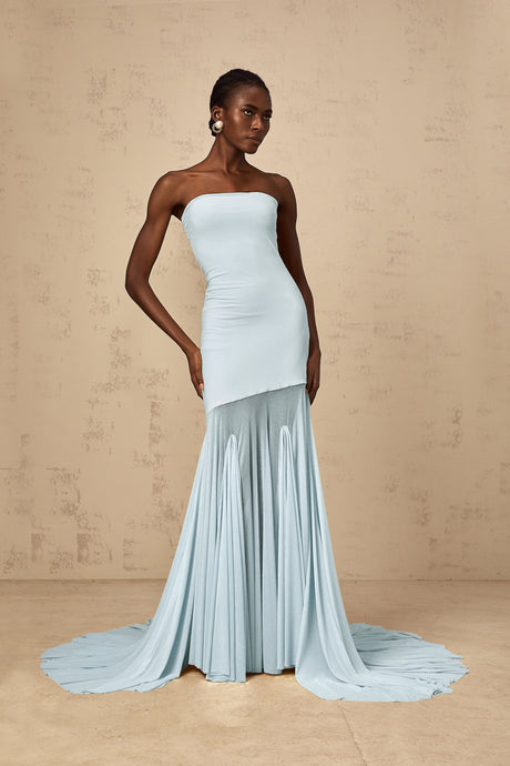 Aurohaya Josiane Blue Off-shoulder Sheer Tulle Maxi Dress