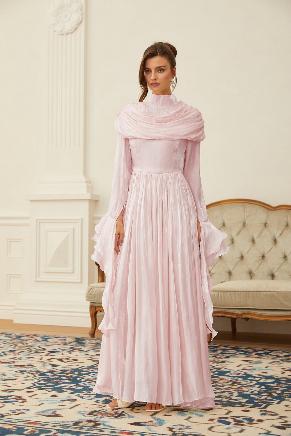 Aurohaya Danuta Pink Ruched Pleated Maxi Dress