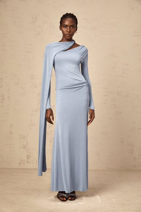 Aurohaya Josette Blue Diagonal Shawl Fitted Maxi Dress