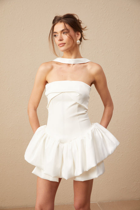 Aurohaya Aurélie white halterneck ruffled mini dress