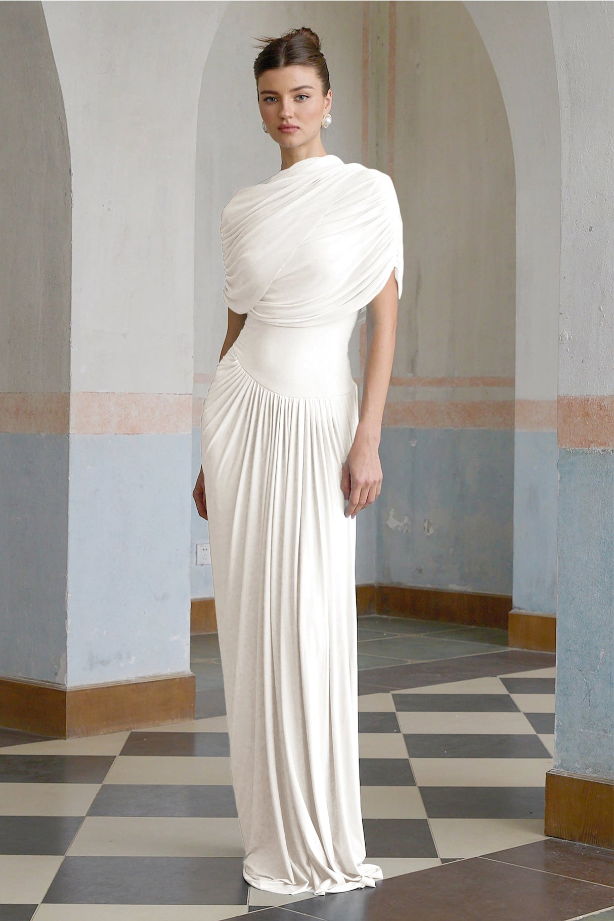 Aurohaya Catherine White Asymmetrical Pleated Maxi Dress